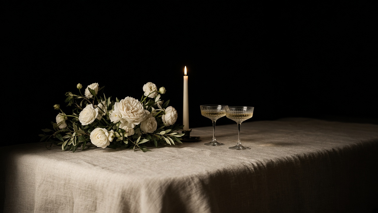 A candlelit table set with white flowers.